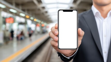 A corporate professional engaged in transportation sector data analysis using a blank-screen smartphone, clear background.