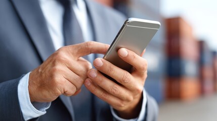 A logistic manager focused on corporate data with a smartphone showing nothing, clear background.