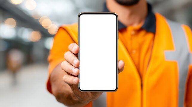 A logistics manager working on transportation sector analytics with a blank smartphone screen, clear background.