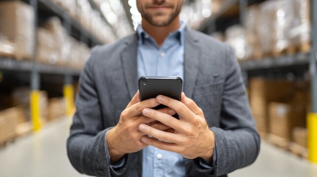 A logistics manager analyzing corporate data with a smartphone that has no visible content, clear background.