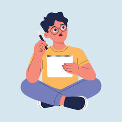 Thoughtful Young Man Drawing in Sketchbook – Creative Artist Illustration