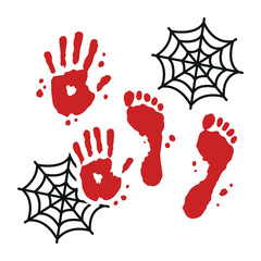 Bloody Handprints and Footprints with Spider Webs – Halloween Horror Vector Illustration