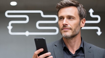 Elegant strategist analyzing shipment data flow on smartphone charts clear setting.