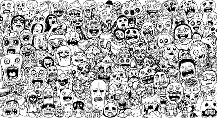 Obraz premium Detailed black and white illustration of a chaotic crowd of grotesque, monstrous, and creepy faces, creatures, and cartoon doodles with exaggerated features.