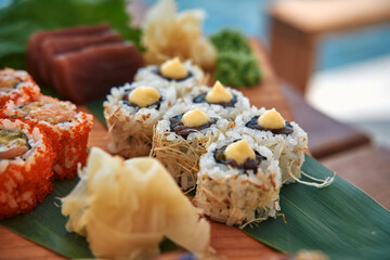 A Delicious Array of Sushi Rolls Featuring Fresh Ingredients, Colorful Presentation, and Savory Accompaniments for a Perfect Culinary Experience