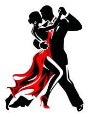 Elegant Dance Silhouette of Couple in Red Dress and Black Suit