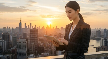 Obraz na płótnie Canvas Woman using tablet on rooftop overlooking city skyline at sunset in business attire and professional setting
