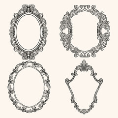 Set of original illustrations of ornate vintage rococo frames and coquettes, hand-drawn in a minimalist style. Ideal for posters, cards, and graphic design.