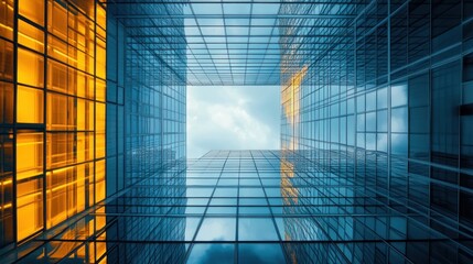 a mesmerizing perspective capturing the towering architectural grandeur of modern skyscrapers stretching towards the sky illuminating the intricate glass facade reflecting clouds