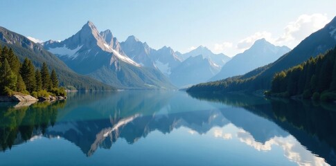 Naklejka premium Serene mountain lake reflecting peaks, crisp air , water, alpine, summer