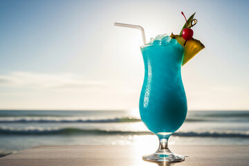 Blue Hawaiian cocktail with pineapple, exotic beach in Hawaii