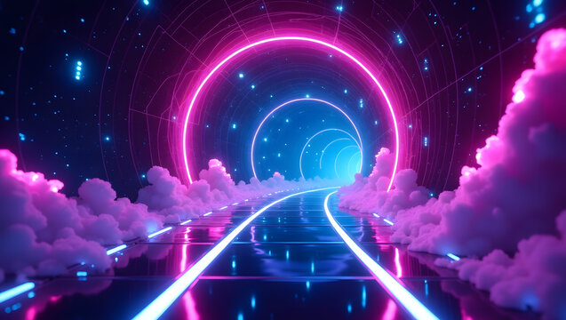 A surreal neon tunnel through clouds with a starry backdrop