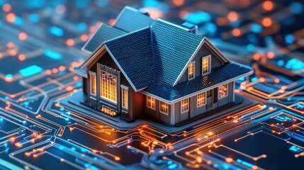 futuristic dwelling integrated seamlessly into a digital network with glowing circuit patterns conveying connectivity and advanced home automation solutions