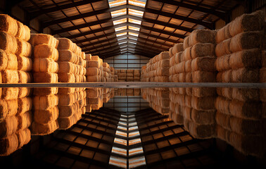 Golden Hour Hay Bales Reflection in Barn