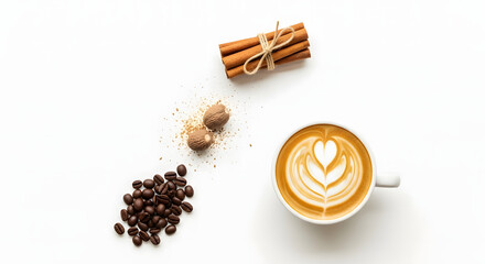 Aromatic coffee composition with latte art, cinnamon, and nutmeg on a white background