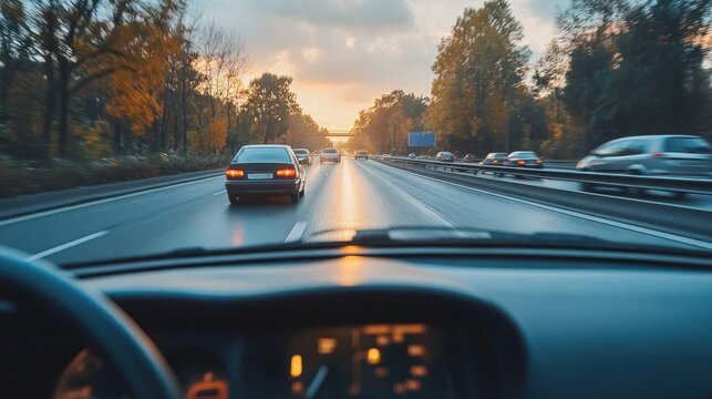 driving during golden hour on a multi lane highway with other vehicles creating a dynamic view through the windshield while the warm sunlight paints the trees