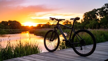 Naklejka premium Bike on a wooden dock at sunset