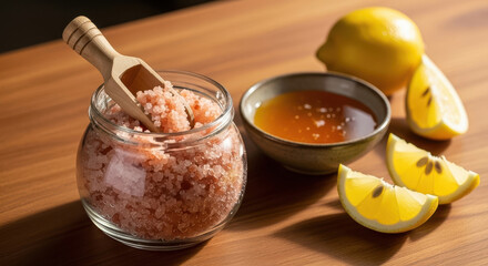 Still life image of pink salt in jar with lemon and honey bowl