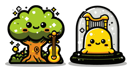 Obraz premium Cute Cartoon Character with Tree and Musical Instrument in Playful Style