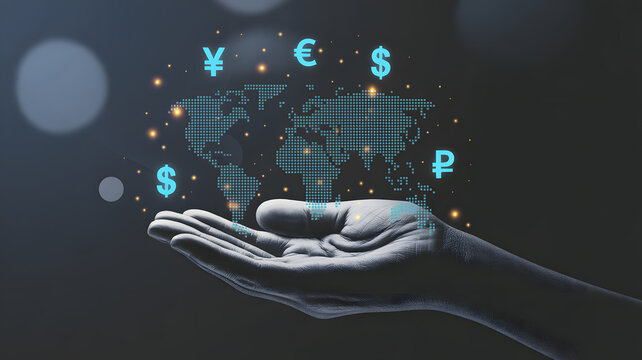 Global finance at your fingertips with currency symbols and digital world map