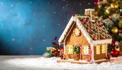 Gingerbread house with festive decorations and snow backdrop.