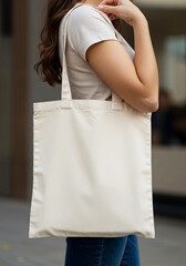 Blank canvas tote bag carried by Woman in casual clothing. Mockup blank template