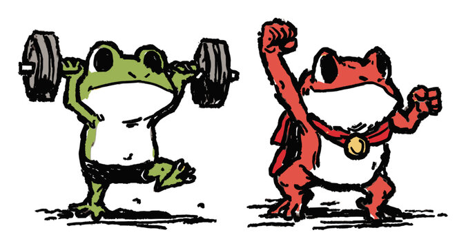Hand-drawn Frogs Lifting Weights and Celebrating Achievements in Art
