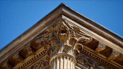 Ornate column capital corner against bright blue sky, detailed stone carvings on building