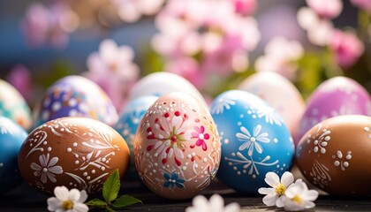 Colorful decorated eggs with flowers and a blurred floral background.
