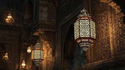 Ornate lanterns glow softly in an intricately carved, aged, dark stone interior setting