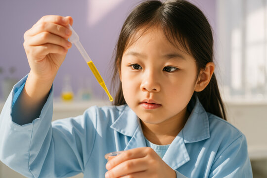 Curious young girl conducting science experiment with pipette and beaker in bright classroom, early stem education concept - Powered by Adobe