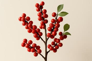 Vibrant red berries on a brown branch with green leaves against a neutral background for autumn and holiday themes