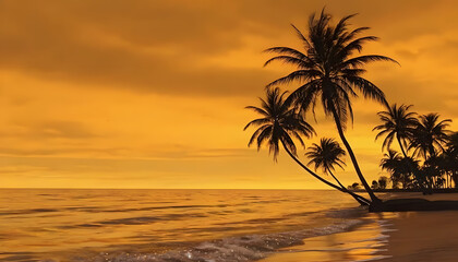 Golden sunset at a tropical beach with silhouette palm trees