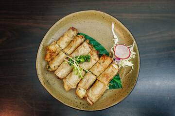 Golden spring rolls served on a rustic plate with greens and radish. Asian cuisine.