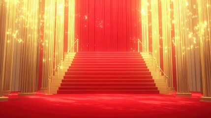 Fototapeta premium Red carpeted staircase with golden columns leading to a red curtain backdrop