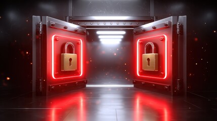 A futuristic vault with glowing red accents and locks, suggesting security and protection in a high-tech environment.