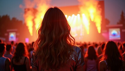 Young woman enjoying live music festival at night with crowd, stage lights, smoke effects, and energetic concert atmosphere