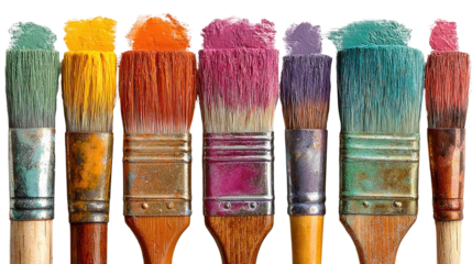 Vibrant Strokes: An array of paintbrushes, each tip showcasing a vivid smear of color. It’s an inspiring image, evocative of creativity and the boundless possibilities of artistic expression. 
