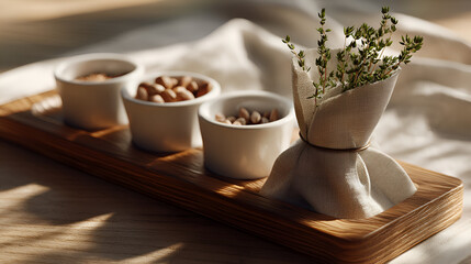 Wooden tray with herbs and nuts. Small bowls of almonds, hazelnuts, and flax seeds for a healthy snack.