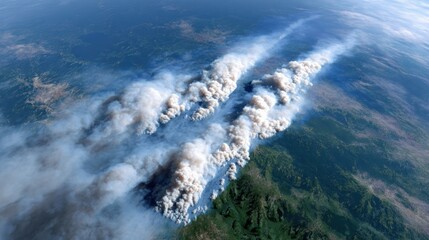 Aerial view of smoke billowing over a landscape, suggesting a wildfire or volcanic activity, with a mixture of land and water below.