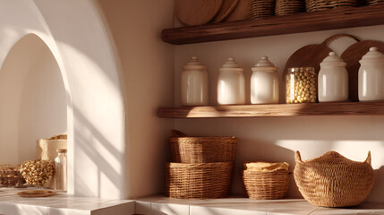 Rustic kitchen storage: Jars, baskets, and wooden shelves create a warm and inviting pantry space.