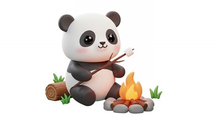 Naklejka premium Cute cartoon panda roasting marshmallow by campfire