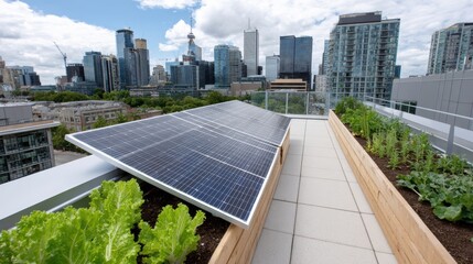 Fototapeta premium A rooftop garden features solar panels and greenery, overlooking a city skyline with modern buildings under a cloudy sky.
