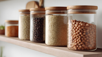 Pantry staples: a row of neat glass jars filled with dried goods displayed on a wooden shelf. Clean, minimal.