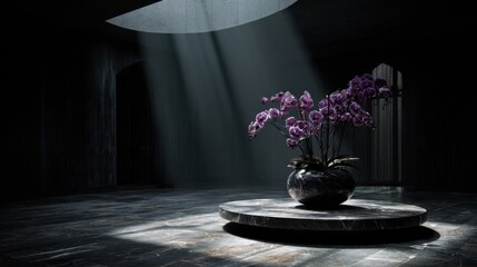 A dark deep purple orchid in a polished marble pot, placed in the center of a black room lit only by moonlight pouring through a skylight, casting dramatic shadows