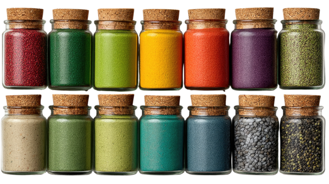 Colorful Spice Jars: A vivid collection of miniature glass jars, each sealed with a cork, filled with a spectrum of ground spices that promise to elevate the taste of dishes.
