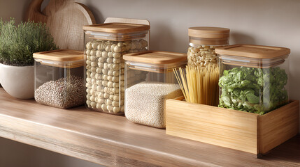 Fototapeta premium Kitchen pantry with ingredients, grains, legumes, pasta, and fresh herbs in containers on a wooden shelf.