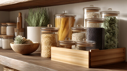Pantry staples: wooden shelves hold glass jars filled with pasta, lentils, and dried herbs.