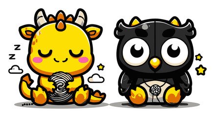 Obraz premium Cute Cartoon Creatures: Playful Yellow Dragon and Black Owl Character Design