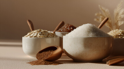 Variety of whole grains & natural sugars displayed in neutral-toned bowls with wooden spoons on a warm background.